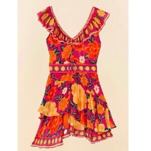 FARM RIO Pink Flowers Tapestry V-Neck Mini Dress Sz S